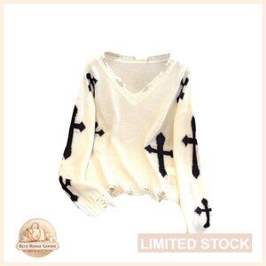 Ripped Graphic Sweater V Neck Drop Shoulder Casual Pullover Y2K Grunge Style